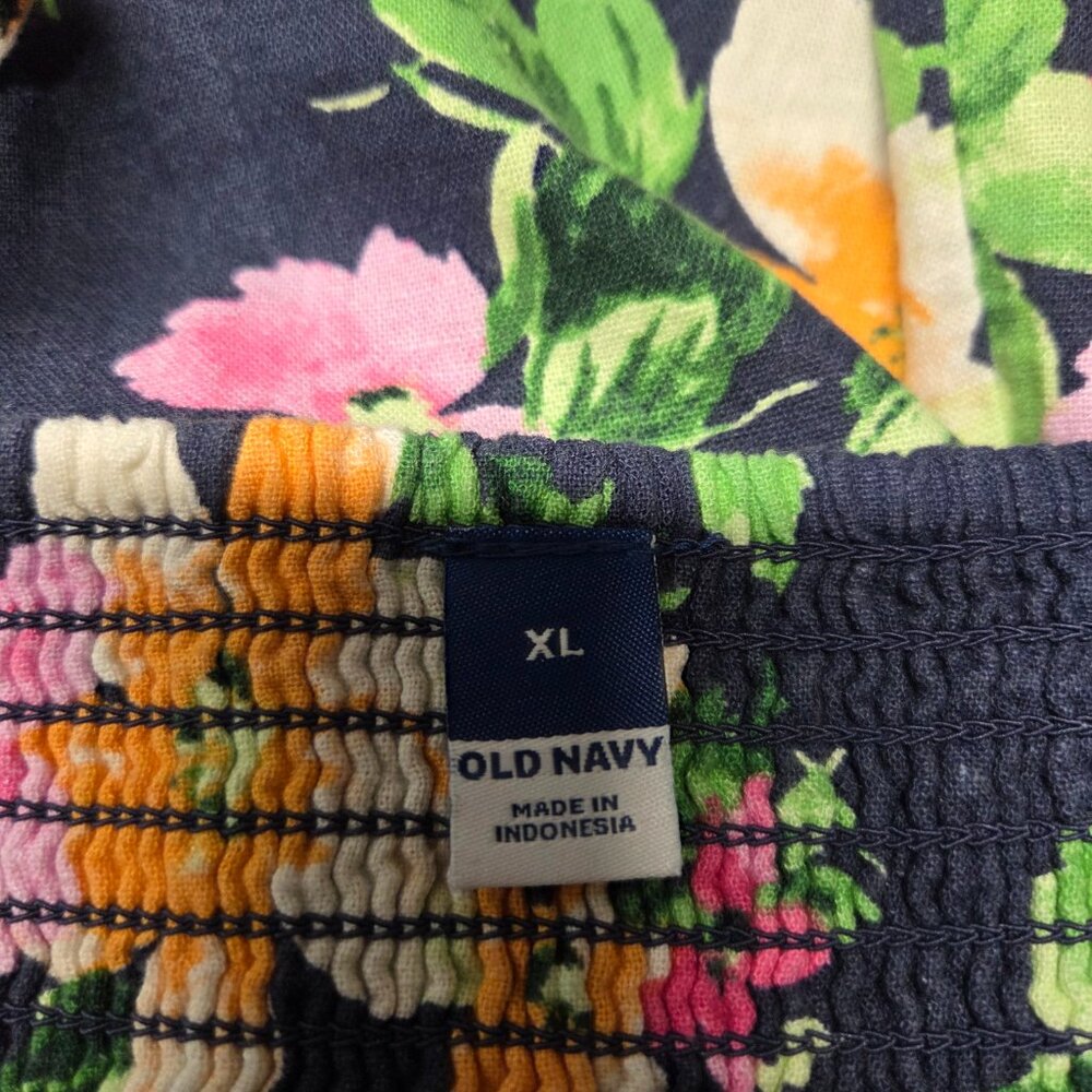 Old Navy Extra Large Navy Blue Floral Linen Blend Smocked Cottagecore Midi Dress - Picture 9 of 10